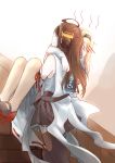  2girls absurdres ahoge arms_behind_head blonde_hair blush brown_hair carrying commentary detached_sleeves double_bun dress embarrassed english hairband hand_on_own_face headgear highres kantai_collection kongou_(kantai_collection) long_hair multiple_girls nontraditional_miko pin.s princess_carry ribbon_trim stairs thigh-highs warspite_(kantai_collection) white_legwear 