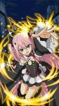  1girl :d arm_up armpits black_boots black_ribbon boots detached_sleeves dress fang flat_chest hair_between_eyes hair_ornament highres krul_tepes long_hair looking_at_viewer night one_leg_raised open_mouth outstretched_arm owari_no_seraph pink_hair red_eyes ribbon sleeveless sleeveless_dress smile solo sparkle thigh-highs thigh_boots twintails very_long_hair 