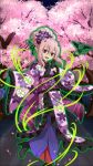  1girl :d black_boots black_gloves boots cherry_blossoms flower gloves hair_flower hair_ornament head_tilt high_heel_boots high_heels highres holding japanese_clothes kimono krul_tepes long_hair looking_at_viewer night obi one_leg_raised open_mouth outdoors owari_no_seraph pink_hair pointy_ears purple_flower red_eyes sash smile solo standing tree yukata 