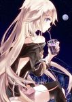 1girl asymmetrical_legwear bare_shoulders blue_eyes braid cityscape commentary_request cup drinking_glass drinking_straw eyebrows_visible_through_hair full_moon holding holding_cup ia_(vocaloid) kumomo_(kirara317) long_hair long_sleeves moon night night_sky outdoors pink_skirt pleated_skirt profile railing single_thighhigh sitting skirt sky solo thigh-highs thigh_strap vocaloid 