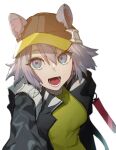  1girl arknights backpack bag baseball_cap black_headwear black_jacket blue_eyes click_(arknights) commentary_request eyebrows_behind_hair grey_hair hat jacket mirin_chikuwa open_mouth selfie shirt simple_background solo two-tone_headwear white_background yellow_headwear yellow_shirt 