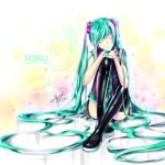  1girl absurdly_long_hair absurdres aqua_hair bare_shoulders boots character_name closed_eyes hair_over_one_eye hands_on_own_knee hatsune_miku headset highres knee_to_chest legs_crossed long_hair long_twintails smile solo thigh-highs thigh_boots thighs twintails very_long_hair vocaloid 