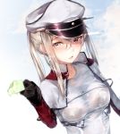  1girl :d absurdres black_bra blonde_hair bra breasts clouds cloudy_sky graf_zeppelin_(kantai_collection) grey_eyes hair_between_eyes hat high_collar highres hplay jacket kantai_collection lace lace-trimmed_bra long_hair looking_at_viewer medium_breasts open_mouth peaked_cap see-through sky smile solo tsurime underwear upper_body wet wet_clothes white_jacket 