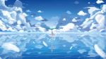  1girl absurdres arms_behind_back barefoot blue_sky closed_eyes clouds feathers green_hair hatsune_miku highres reflection scenery see-through sky solo tenko vocaloid 