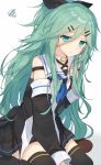  1girl aqua_eyes between_legs black_bow black_serafuku black_skirt blue_neckerchief bow detached_sleeves green_hair hair_between_eyes hair_bow hand_between_legs hiiragi_souren kantai_collection long_hair messy_hair neckerchief pleated_skirt school_uniform serafuku sitting skirt solo thigh-highs wariza yamakaze_(kantai_collection) zettai_ryouiki 