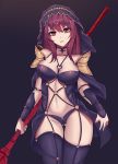  1girl arms_at_sides bangs black_legwear breasts cowboy_shot fate/grand_order fate_(series) gae_bolg gg-e gluteal_fold highres holding holding_weapon looking_at_viewer medium_breasts midriff navel parted_lips pauldrons purple_hair scathach_(fate/grand_order) smile solo thigh-highs veil violet_eyes weapon 