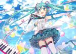  1girl armpits bad_id balloon blush clouds elbow_gloves fingerless_gloves floating_hair gloves green_eyes green_hair hatsune_miku jin_young-in long_hair magical_mirai_(vocaloid) microphone open_mouth outstretched_arms piano_keys skirt sky solo spread_arms thigh-highs twintails very_long_hair vocaloid 