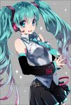  1girl 2015 aqua_eyes aqua_hair bare_shoulders blush dated detached_sleeves grey_background hair_between_eyes hatsune_miku headset highres long_twintails looking_at_viewer nail_polish necktie open_mouth skirt solo steepled_fingers twintails vocaloid westxost_(68monkey) 