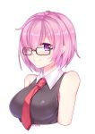  bare_shoulders blush breasts eyebrows_visible_through_hair fate/grand_order fate_(series) glasses hair_over_one_eye kan_(rainconan) large_breasts looking_at_viewer necktie pink_hair red_necktie shielder_(fate/grand_order) short_hair sleeveless smile violet_eyes 