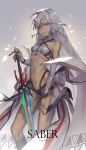  1girl altera_(fate) bare_shoulders black_nails breasts dark_skin detached_sleeves fate/grand_order fate_(series) looking_at_viewer midriff nail_polish navel red_eyes ritsuki short_hair small_breasts solo sword veil weapon white_hair 