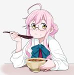  1girl ahoge bowl double_bun eating food food_on_face glasses gyuudon kantai_collection long_hair long_sleeves looking_at_viewer makigumo_(kantai_collection) ojipon pink_hair school_uniform shirt solo spoon twintails upper_body white_shirt wooden_spoon yellow_eyes 