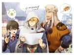  3boys black_hair blonde_hair blue_eyes double-breasted earrings green_eyes horikawa_kunihiro jewelry male_focus mizuhara_aki multiple_boys open_mouth stud_earrings touken_ranbu white_border yamabushi_kunihiro yamanbagiri_kunihiro 