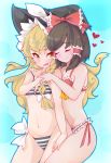  2girls ^_^ alternate_costume bikini blonde_hair blush bow braid breasts brown_hair closed_eyes commentary couple fang frilled_bikini frills hair_bow hair_tubes hakurei_reimu hand_holding hand_on_another&#039;s_thigh hat heart hug hug_from_behind kirisame_marisa large_bow lovestruck messy_hair multiple_girls pikkumyy short_hair side-tie_bikini single_braid small_breasts smile striped striped_bikini swimsuit touhou wavy_hair witch_hat yellow_eyes yuri 