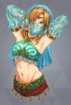  1boy alternate_costume armpits arms_behind_head arms_up blue_eyes brown_hair crossdressinging detached_sleeves gerudo_link hair_over_one_eye highres link looking_at_viewer midriff navel solo the_legend_of_zelda the_legend_of_zelda:_breath_of_the_wild three_(pixiv17689488) toned toned_male trap upper_body veil 