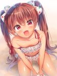  1girl bangs bikini bikini_skirt bow breasts brown_hair fangs frilled_bikini frills from_above hair_bow highres kantai_collection libeccio_(kantai_collection) long_hair looking_at_viewer ntk_(7t5) open_mouth polka_dot polka_dot_bow red_eyes shiny shiny_skin sitting small_breasts smile solo strap_slip swimsuit twintails very_long_hair white_bikini white_bow 
