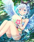  +_+ 1girl angel_wings ass black_ribbon blue_eyes blush board bracelet cross eyebrows_visible_through_hair falkyrie_no_monshou hairband jewelry looking_at_viewer natsumekinoko official_art open_mouth partially_submerged ribbon short_hair silver_hair solo swimsuit wings 