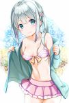  1girl bangs bikini bikini_skirt blue_eyes blue_hair blush breasts closed_mouth collarbone cowboy_shot eromanga_sensei eyebrows_visible_through_hair hands_up izumi_sagiri jacket long_hair looking_at_viewer medium_breasts na53 open_clothes open_jacket pink_skirt side_ponytail sidelocks silver_hair skirt smile solo strap_slip swimsuit tareme 