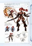  1girl armor bare_shoulders blue_eyes breasts chibi concept_art dark_skin full_body gauntlets gloves granblue_fantasy highres holding holding_weapon kneehighs leotard lineart looking_at_viewer mariah_(granblue_fantasy) medium_breasts minaba_hideo official_art open_mouth parted_lips polearm ponytail redhead simple_background smile spear thigh-highs weapon 