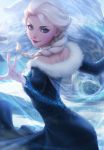  1girl bare_shoulders blonde_hair blue_dress blue_eyes blush braid cape disney dress elsa_(frozen) frozen_(disney) fur_trim hair_over_shoulder highres lipstick long_dress long_hair looking_at_viewer looking_back makeup off_shoulder outstretched_hand signature single_braid smile snow snowflakes solo stanley_lau strapless strapless_dress 