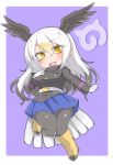  1girl bald_eagle_(kemono_friends) bella1202 belt bird_tail bird_wings black_boots black_hair black_jacket black_legwear black_wings blonde_hair blue_skirt blush boots breast_pocket breasts buttons eyebrows_visible_through_hair feathered_wings full_body gloves gradient_boots gradient_footwear hair_between_eyes hand_on_own_chest head_wings highres jacket japari_symbol kemono_friends knee_boots large_breasts long_hair long_sleeves looking_at_viewer military military_jacket military_uniform multicolored_boots multicolored_hair one_leg_raised open_mouth pantyhose pleated_skirt pocket simple_background skirt smile solo tail uniform white_belt white_gloves white_hair white_tail wings yellow_boots yellow_eyes 