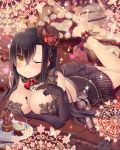  1girl black_gloves black_hair blush bow breasts chocolate cleavage cupcake elbow_gloves falkyrie_no_monshou food fruit gloves hat hat_bow hat_ribbon heart large_breasts looking_at_viewer lying natsumekinoko official_art on_stomach one_eye_closed plate red_bow red_ribbon ribbon smile solo strawberry top_hat valentine yellow_eyes 