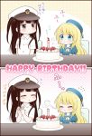  2girls 2koma adapted_costume aqua_eyes atago_(kantai_collection) beret birthday birthday_cake black_hair blonde_hair blowing brown_eyes cake candle closed_eyes comic commentary_request flying_sweatdrops food fruit happy_birthday hat kantai_collection little_girl_admiral_(kantai_collection) long_hair migu_(migmig) multiple_girls peaked_cap shirt short_sleeves strawberry table translation_request twintails white_shirt younger 