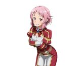  1girl breasts cleavage cowboy_shot crossed_arms gloves hair_ornament hairclip leaning_forward lisbeth looking_at_viewer medium_breasts pants pink_hair pointy_ears red_eyes short_hair_with_long_locks sidelocks solo standing sword_art_online transparent_background white_gloves white_pants 