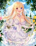  1girl blonde_hair blue_eyes blush bracelet breasts bride cleavage dress earrings elbow_gloves eyebrows_visible_through_hair falkyrie_no_monshou fang gloves heterochromia jewelry large_breasts lifted_by_self long_hair looking_at_viewer natsumekinoko necklace official_art open_mouth red_eyes skirt skirt_lift smile solo thigh-highs wedding wedding_dress white_gloves white_legwear 