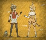  2girls animal_ears backpack bag bare_shoulders black_eyes black_hair black_legwear blonde_hair bow bowtie brown_gloves brown_shoes bucket_hat clenched_hand clenched_hands closed_mouth commentary_request crack egyptian_art elbow_gloves food food_on_face from_side full_body gloves hat hat_feather high-waist_skirt highres kaban_(kemono_friends) kemono_friends kita_(7kita) legs_apart lucky_beast_(kemono_friends) multiple_girls pantyhose profile red_shirt serval_(kemono_friends) serval_ears serval_print serval_tail shirt shoes short_hair short_sleeves shorts skirt sleeveless sleeveless_shirt standing striped_tail tail thigh-highs white_shirt white_shoes white_shorts yellow_background 