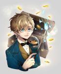  1boy blue_eyes bow bowtie brown_hair coin fantastic_beasts_and_where_to_find_them freckles grey_background highres magic male_focus newt_scamander niffler open_mouth seitarou simple_background solo sparkle suitcase teeth upper_body wand 
