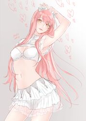  1girl 2017 arm_up armpits artist_name bangs bra breasts contrapposto cowboy_shot eyebrows_visible_through_hair fate/grand_order fate_(series) frills gradient gradient_background grey_background heart long_hair looking_at_viewer medb_(fate/grand_order) navel orii_(orii_i) parted_lips pink_hiar signature skirt small_breasts smile solo tiara underwear very_long_hair white_bra white_skirt yellow_eyes 