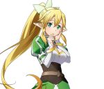  1girl blonde_hair breasts cleavage green_eyes hair_between_eyes hair_ornament high_ponytail large_breasts leafa long_hair looking_at_viewer pointy_ears solo standing sword_art_online transparent_background upper_body very_long_hair 