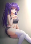  1girl clannad fujibayashi_kyou hair_ribbon highres kazenokaze long_hair looking_at_viewer ponytail purple_hair ribbon shorts sitting solo sports_bra thigh-highs violet_eyes white_legwear 