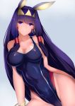  1girl black_swimsuit company_connection cowboy_shot dark_skin earrings fate/grand_order fate_(series) gradient gradient_background hair_tubes jewelry long_hair nitocris_(fate/grand_order) purple_hair saisarisu solo swimsuit very_long_hair violet_eyes 