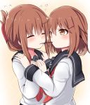  2girls anchor_symbol blush brown_eyes brown_hair closed_eyes eyebrows_visible_through_hair flying_sweatdrops folded_ponytail food food_in_mouth hair_between_eyes hair_ornament hairclip hands_on_another&#039;s_shoulders hands_on_own_chest ikazuchi_(kantai_collection) inazuma_(kantai_collection) kantai_collection long_sleeves mouth_hold multiple_girls neckerchief pocky pocky_kiss raised_eyebrows red_neckerchief school_uniform serafuku shared_food shirt short_hair short_hair_with_long_locks sidelocks simple_background tareme tonari_(ichinichime_azuma) upper_body white_shirt yellow_background yuri 
