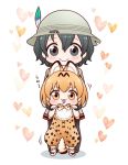  2girls animal_ears bib black_eyes black_gloves black_hair blush bucket_hat commentary_request gloves hair_between_eyes hand_holding hat hat_feather heart kaban_(kemono_friends) kemono_friends looking_at_viewer migu_(migmig) multiple_girls onesie orange_eyes orange_hair serval_(kemono_friends) serval_ears serval_print serval_tail short_hair simple_background smile standing tail white_background younger 
