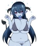 1girl belly bikini black_bikini black_hair blue_skin blue_tongue breasts curvy demon_girl fat horns huge_breasts long_hair mofuaki navel original plump pointy_ears red_eyes saliva simple_background solo succubus swimsuit tail tattoo white_background