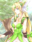  1girl blonde_hair blue_eyes breasts collarbone day dress gem gloves green_dress helmet highres long_hair looking_at_viewer low-tied_long_hair medium_breasts outdoors riesz seiken_densetsu seiken_densetsu_3 silve solo tree very_long_hair 