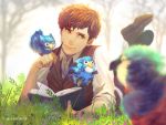  1boy artist_name bird book brown_hair diricawl fantastic_beasts_and_where_to_find_them freckles grass green_eyes jippei leaf male_focus nature newt_scamander pencil solo tree 