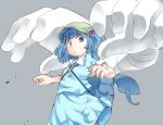  1girl backpack bag bangs blue_eyes blue_hair blunt_bangs dress extra_arms grey_background hair_bobbles hair_ornament hat kawashiro_nitori key looking_at_viewer mechanical_arms monosenbei shirt short_sleeves simple_background skirt skirt_set solo touhou twintails two_side_up 