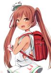  1girl :d backpack bag bangs bare_arms bare_shoulders blush brown_eyes brown_hair dress fang from_side hair_ribbon hat kantai_collection libeccio_(kantai_collection) long_hair looking_at_viewer looking_to_the_side neckerchief open_mouth randoseru ribbon ribs sailor_dress side_cutout sleeveless sleeveless_dress smile solo striped striped_neckerchief tareme tonari_(ichinichime_azuma) twintails upper_body very_long_hair white_dress white_hat 