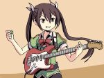  1girl adrian_ferrer bow bowtie brown_eyes brown_hair electric_guitar guitar hair_ribbon instrument jewelry kantai_collection long_hair open_mouth plectrum ribbon ring smile solo tone_(kantai_collection) twintails upper_body wedding_band 