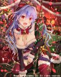  1girl bell blush breasts cherry_earrings christmas christmas_lights christmas_tree christmas_wreath cleavage earrings eyebrows_visible_through_hair falkyrie_no_monshou fang food_themed_earrings jewelry large_breasts lavender_hair looking_at_viewer mistletoe natsumekinoko official_art open_mouth red_eyes red_legwear seiza sitting smile solo thigh-highs wreath 
