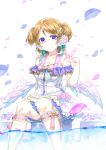  1girl angel_wings blush bow breasts brown_hair cleavage eyebrows_visible_through_hair flower green_ribbon hair_flower hair_ornament hair_ribbon kneehighs koizumi_hanayo looking_at_viewer love_live! love_live!_school_idol_project medium_breasts purple_bow purple_ribbon ribbon short_hair short_twintails sitting smile solo twintails violet_eyes white_legwear wings x_hair_ornament yohan1754 