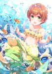  1girl blush brown_hair bubble clownfish earrings eyebrows_visible_through_hair fish green_eyes hoshizora_rin jewelry looking_at_viewer love_live! love_live!_school_idol_project navel niwasane_(saneatsu03) open_mouth short_hair smile solo star submerged underwater 