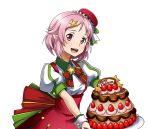  1girl :d cake food hair_ornament hat high-waist_skirt holding lisbeth_(sao-alo) mini_hat open_mouth pink_hair pointy_ears red_eyes red_hat red_skirt short_hair skirt smile solo standing star star_hair_ornament sword_art_online transparent_background upper_body wrist_cuffs 