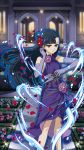 1girl black_hair brown_eyes dress elbow_gloves floating_hair flower gloves hair_flower hair_ornament highres holding holding_knife knife knives_between_fingers long_hair looking_at_viewer night outdoors owari_no_seraph parted_lips purple_dress purple_flower purple_gloves red_flower sleeveless sleeveless_dress solo sparkle standing very_long_hair yukimi_shigure 