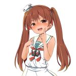  &gt;:d 1girl :d absurdres bangs bare_arms bare_shoulders blush brown_eyes brown_hair collarbone dark_skin dress finger_to_cheek hair_ribbon hand_on_own_chest hat highres kantai_collection libeccio_(kantai_collection) long_hair looking_at_viewer neckerchief nose_blush open_mouth ribbon round_teeth sailor_dress simple_background sleeveless sleeveless_dress smile solo striped striped_neckerchief tareme teeth tonari_(ichinichime_azuma) twintails upper_body very_long_hair white_background white_dress white_hat 