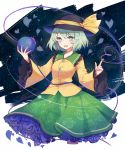  1girl artist_name black_hat blouse blue_rose bow eyeball flower green_eyes green_hair green_skirt hat heart heart_of_string komeiji_koishi long_sleeves open_mouth perri_(mnemosine) petals petticoat rose short_hair skirt smile solo third_eye touhou wide_sleeves yellow_blouse yellow_bow 