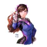  1girl animal_print artist_name bangs blue_bodysuit bodysuit breasts brown_eyes brown_hair bunny_print d.va_(overwatch) facepaint facial_mark finger_gun headphones high_collar light_smile long_hair looking_at_viewer medium_breasts one_eye_closed overwatch pilot_suit pink_lips pointing pointing_at_viewer shoulder_pads signature simple_background sketch skin_tight solo swept_bangs upper_body vivaclap whisker_markings white_background 